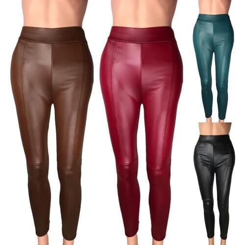 Women Solid Color High Waist Slim Stretch Faux Leather Leggings Pants Trousers neonowe ubrania damskie кожаная женская одежда