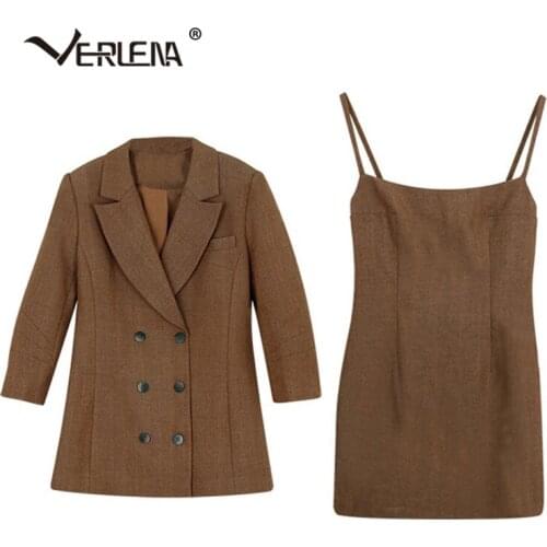 Verlena Women 2 Pieces Sets Long Blazer with Mini Dress Cotton Brown Notched Women Chest Pocket Double Breasted Button Blazers