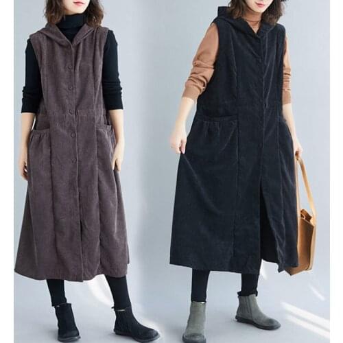 Vintage Corduroy Hooded Windbreaker Vest Womens Autumn New Style Loose Large Size Big Pocket Long Sleeveless Vest Jacket e077
