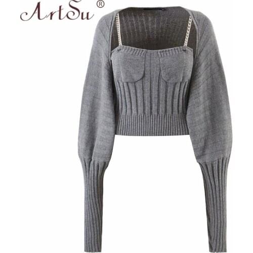 ArtSu 2021 Winter Autumn Sexy Knitting Tanks And Cut Out Cropped Cardigan Matching Set Women Fashion Sweater Black Grey