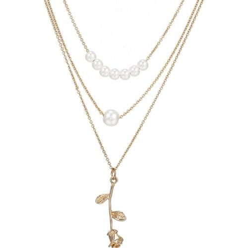 2021 Fashion Jewelry Multi-layer Gold Chain Pearl Crystal Rose Necklace Colar Feminino Colares Choker Neckkaces For Women