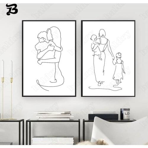 Abstract Line Art Canvas Painting Wall Art Hand Drawing Posters Prints Decorative Wall Pictures Mom and Child Home Decoration