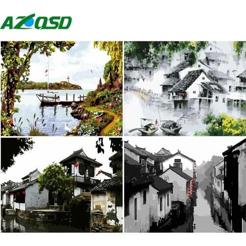 AZQSD Unframe Coloring By Numbers Landscape Handpainted Gift Kits Paint By Numbers Town Drawing On Canvas Home Decoration