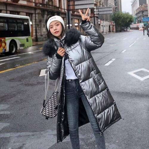 Shiny Winter Down jacket women 2020 New casual Long Parka Coat Thick Cotton coat Big Fur Collar warm loose Glossy Hooded Outwear