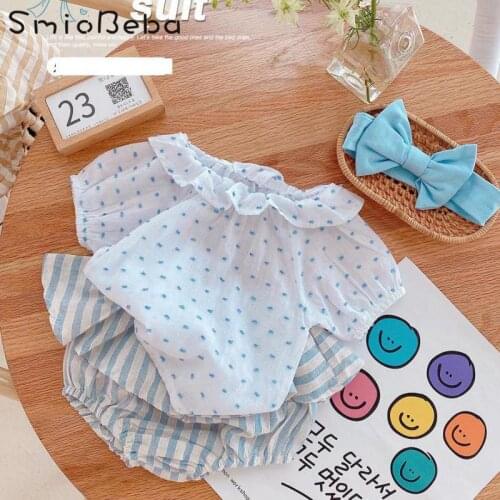 Korean Summer Sky Blue Baby Stirped Three Piece Sets Girls Cut Flower Lotus Leaf Collar Top Shirts +Short Pants+ Hair Band INS