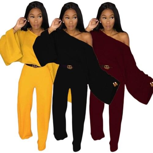 Two-Piece Suit With Sexy Casual Fashion Solid Color Big Trumpet Long Sleeve+Straight Trousers 2020 Autumn Urban Travel Suit