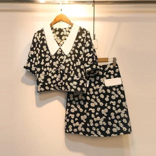 Black Daisy Suits New Female Summer Short Doll Collar Chiffon Shirt + Skirt Two-Piece Sets Women