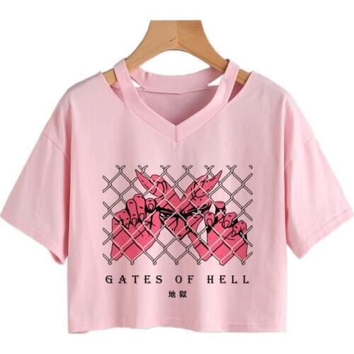 Vintage Summer Harajuku Devil Print tops Punk Loose Short Sleeve Crop tops Gothic V-neck Sexy Casual Ulzzang Female Punk Tee