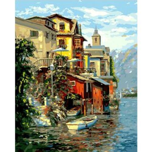 MaHuaf-X897 Europe lakeside building painting by numbers on canvas hand painted digital picture 40x50 Framed for home decor