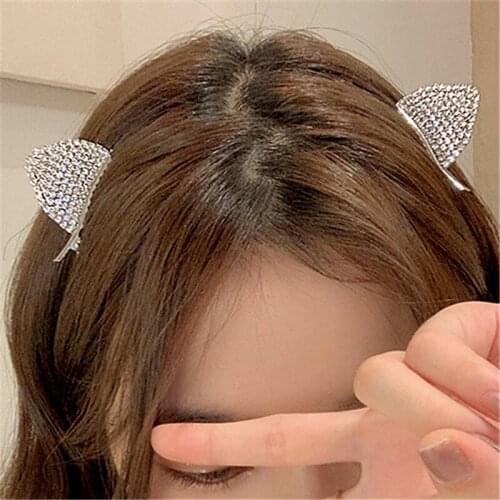 Cute Cat Ear Hair Clips Cartoon Simple Small Hairpin Silver Color Fairy Crystal Rhinestone Hair Pins Kids Girls Hair Accessories