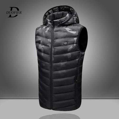 2021 New Winter Hooded Heated Men Vests Graphene Electric Heating Mens Sleeveless Waistcoat Fashion Zipper Camouflage Vests