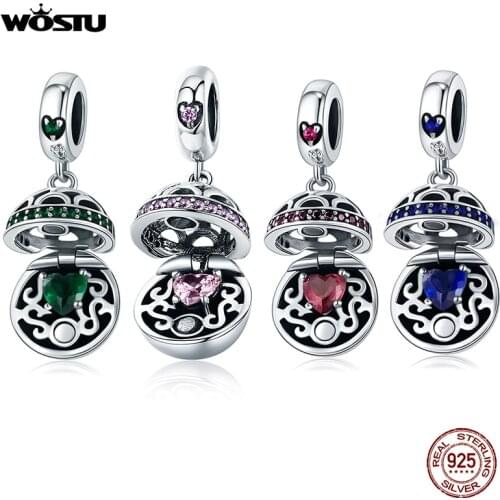 WOSTU 925 Sterling Silver Love Gift Box Beads Pink Cubic Zircon Charm Pendants Fit Original Bracelet Necklace Jewelry CQC689