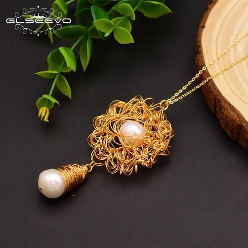 GLSEEVO Original Natural Fresh Water Baroque Pearl Pendant & Necklace For Women Custom Necklace Luxury Fine Jewelry GN0042