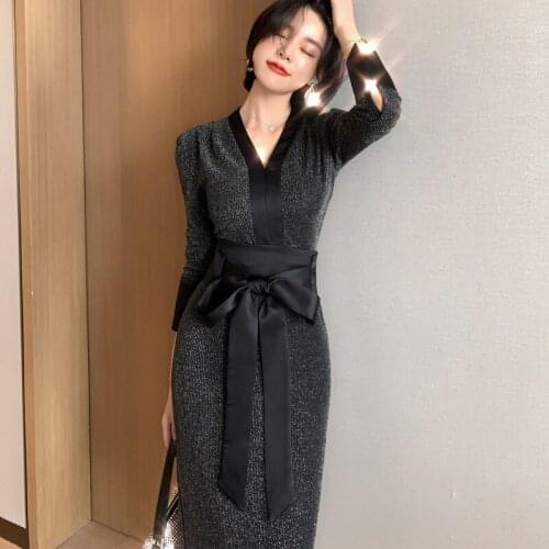 Autumn Winter 2020 Sheer Women Knitted Dresses Long Sleeve Corset OL Office Work Dress Woman Sheath Black Bandage Dress Fall