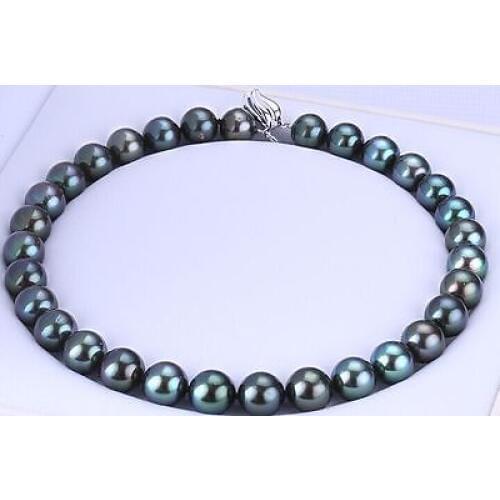 StunningAAA round 10-11mmTahitian black green pearl necklace18inch 925silver>Selling jewerly free shipping