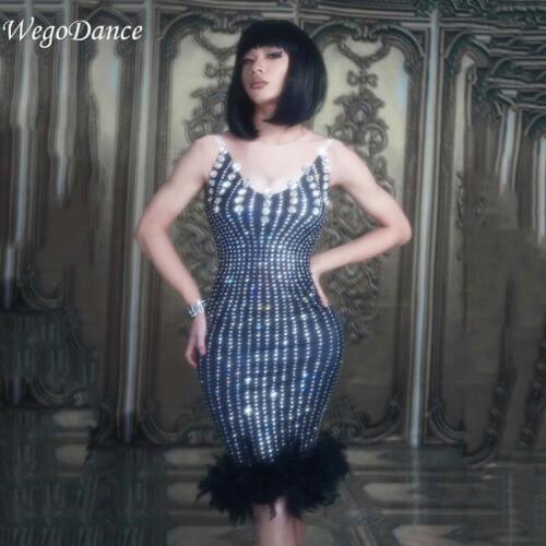 New Sparkly stones Feather Dress Stretch Sexy Nightclub Bar Dance Wear Evening Celebrate Dress Costume Prom Birthday Dresses