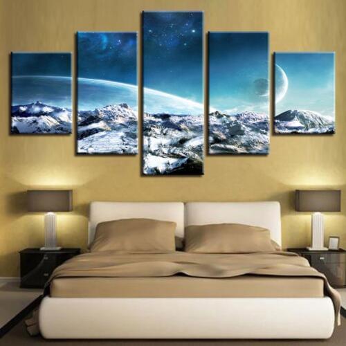 Posters Framework Art Printing 5 Pieces Abstract Earth Planet Starry Sky Landscape Modular Canvas Paintings Decor Wall Pictures