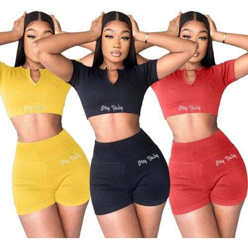 Casual Women Pant Suits Knit Ribbed Letter Print Shirt Crop + Short Pants Summer Clothes For Women Solid Color