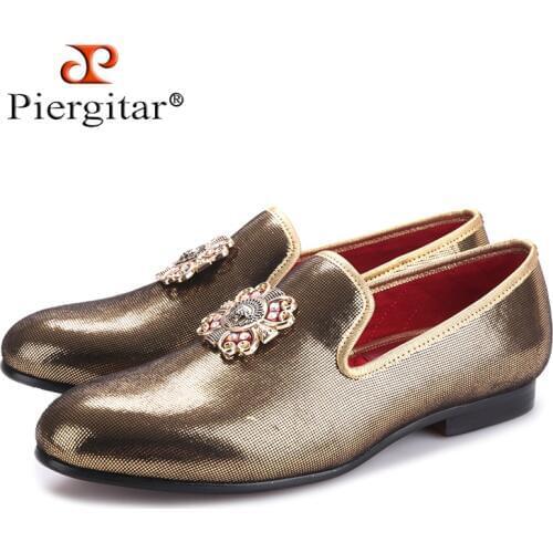 PIERGITAR 2018 new handmade men gold PU shoes with gold cross Charm Plus size mens loafers Party and wedding men dress shoes