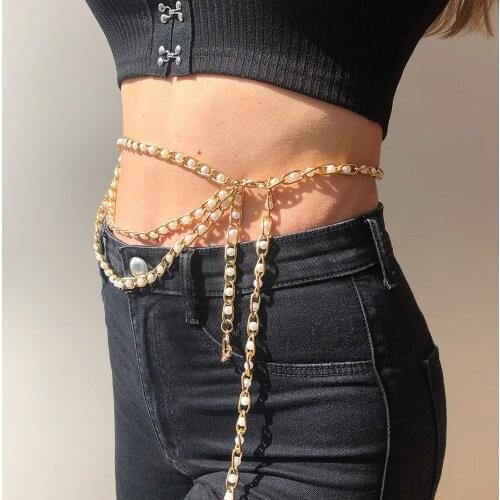 UODCM Fashion Women Heart Imitation Pearl Waist Sexy Hip Hop Chain Belt Women Girl Chain Alloy Belly Chain Body Jewelry Party