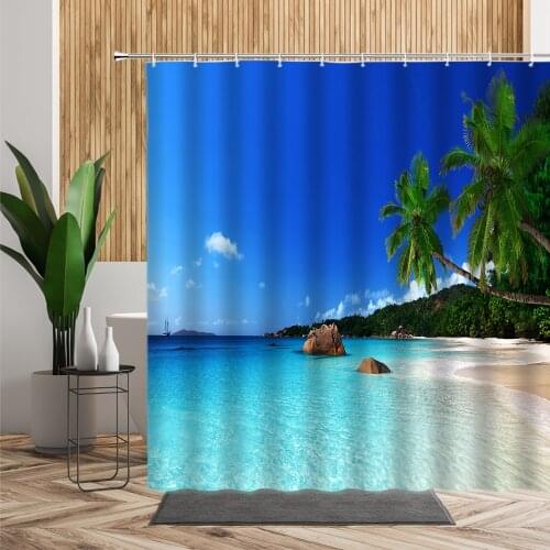 Beach Scenery Shower Curtain 3D Blue Sea Beach Coconut Tree Landscape Bathroom Decoration Waterproof Bath Curtains With Hook Set