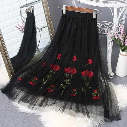 TingYiLi Floral Embroidery Tulle Skirts Womens Long Skirt Summer Elegant White Black Pleated Skirt