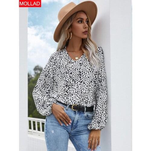 European and American 2021 Cross-Border Autumn New V-neck Pullover Long Sleeve Chiffon Printed Womens Shirt