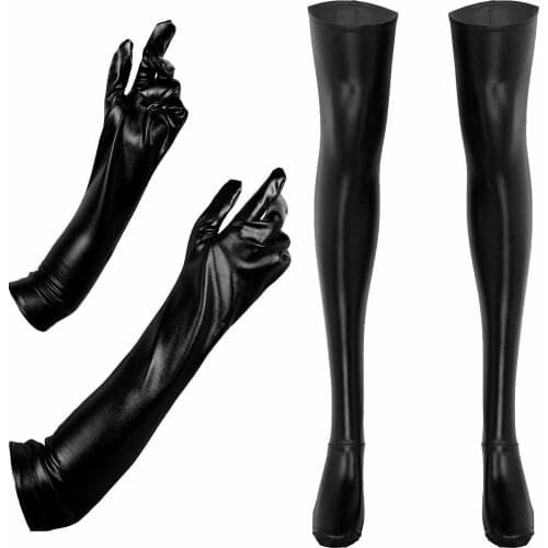 Night Club Pole Dancing Party Cosplay Fancy Ball Costume Accessories Women Wet Look Patent Leather Long Gloves with Stockings
