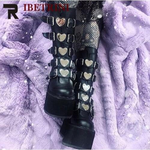 Female Motorcycle Boots Round Toe Platform Wedges Metal Design Buckle Strop Shoes Woman Ankle Short Boots Women Luxury New