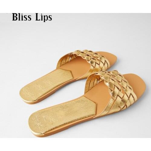 Summer Gold Bow Tie Women Open toe Slide Beach Casual Slip on Women Weave Flats Comfortable Women Shoes