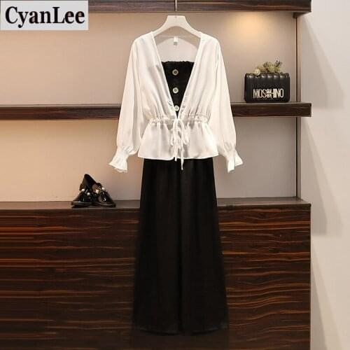 Cyanlee Spring Summer Women Three Piece Sets Casual Loose Blouse And Sling Tops + Pants Elastic Waist Wide Leg Pants 3 Pcs Set