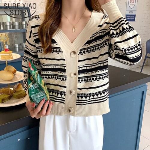 2021 Chic Check Long Sleeve Single Breasted Striped Loose Knit Cardigan Autumn Korean Sweater Coat Retro Shirt Tide Ladies 17063