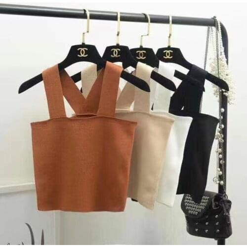 Fashion Party Women Backless Plain Thin Knitted Tank Sexy Summer Cross Strap Off Shoulder Tops