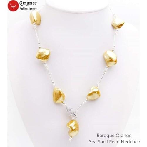 Qingmos Trendy 15*20mm Baroque Sea Shell Pearl Necklace for Women with Orange Sea Shell Pearl Long Necklace Jewelry 28'' nec6537