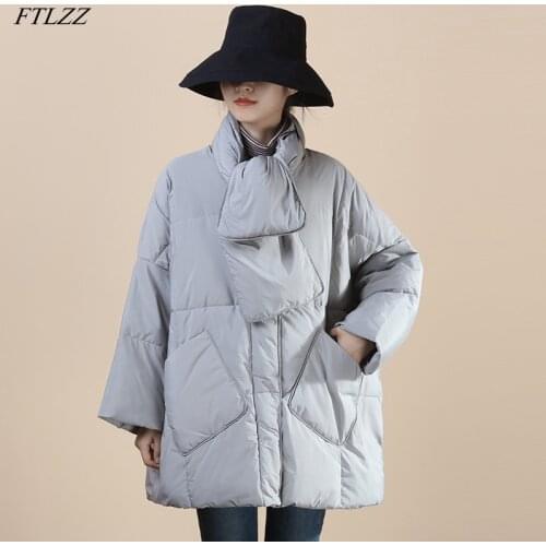 FTLZZ Winter Women Scarf Round Neck Warm Snow Outwear Elegant Female 90% White Duck Down Jacket Casual Loose Solid Coat