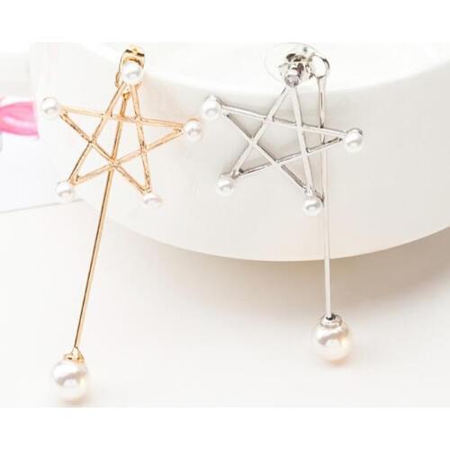 10 pairs/lot Asymmetry Earrings Simulated Pearl Hollow Star Stud Earring For Women Gold Silver Color Tassel Long Eardrop Jewelry