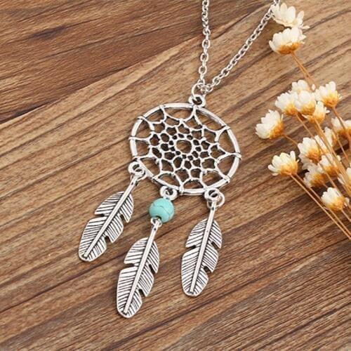 30 piece/lot Dreamcatcher Necklace Women Leaf Charm Tassels Feather Dream Catcher Pendant Silver Long Sweater Chain Jewelry