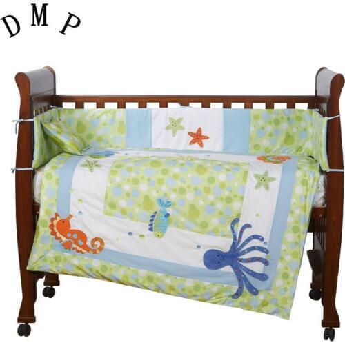 7PCS embroidered 100% cotton Baby Bedding set cartoon bedclothes Baby children,include(bumper+duvet+sheet+pillow)