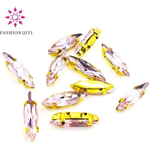 Free shipping 4x15mm Pink Horse eye shape 50pcs/pack Glass Crystal Gold bottom sew on claw rhinestones diy Sewing On Garment