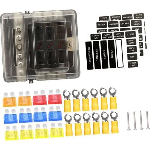 Car Boat 6 Way Blade Fuse Box Block 6 Circuit ATC/ATO/ATP LED Light Indication & Protection Cover & Terminals