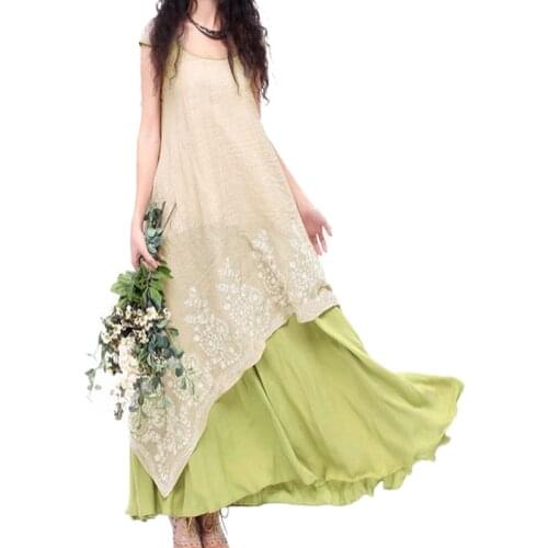 EaseHut Boho Beach Summer Dress 2020 Elegant Vintage Floral Embroidery Tunic Maxi Long Dress to the Floor Plus Size Linen Dress