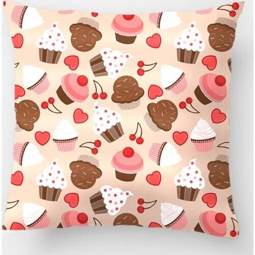 Brown And Pink Cupcakes, Hearts And Cherries Throw Pillow Wedding Decorative Cushion Cover Pillow Case Customize Gift Pillowcase