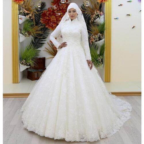 Long Sleeve Lace Wedding Dresses Ball Gown High Neck Muslim Gowns Wedding Luxury Appliques Bridal Dresses Saudi Arabic Design