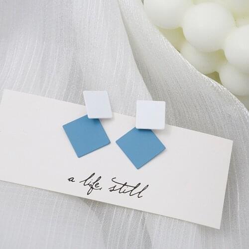 Fashion Korean Double Square Pendant Earrings For Women Girls Sweet Color Geometric Charms Stud Ear Jewelry Party Gifts