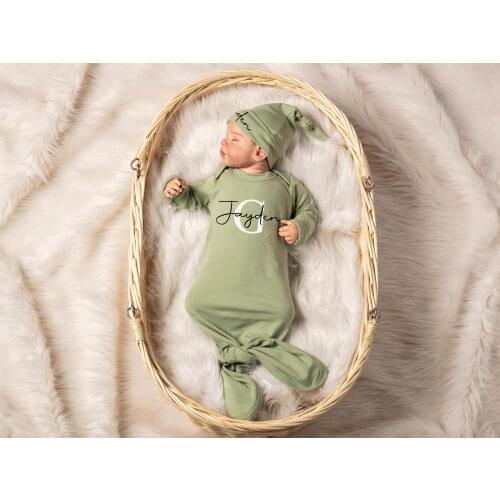 Monogrammed Baby Boy Coming Home Outfit Personalized Newborn Knotted Sleeper Baby Shower Gift Take Home Outfit Baby Boy Hat Set