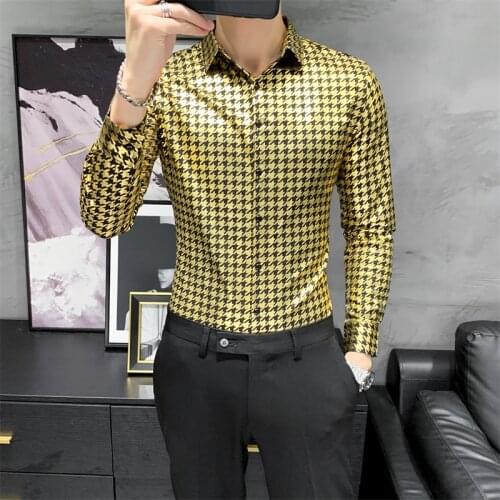 Men Hipster Luxury black gold Bronzing Printed Slim Long Sleeve Dress Shirt wedding Night club Hip hop party Singer stage Shirts