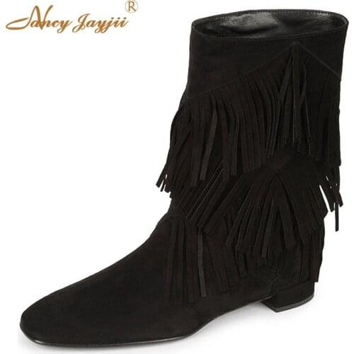 Nancyjayjii Black&Khaki Suede Winter Snow Tassel Mid -Calf Comfortable Walking Low Heels Dress Boots Woman,Plus Size 4-16