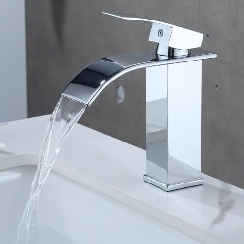 New Bathroom Basin Faucet Waterfall Deck Mounted Cold and Hot Water Mixer Tap Brass Chrome Vanity Vessel Sink Crane