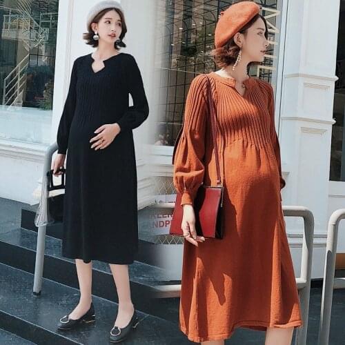 Solid Knitted Maternity Dresses Plus Size Pregnant Dress Spring Pregnancy Middle Dress Gravida Clothes For Pregnant Women