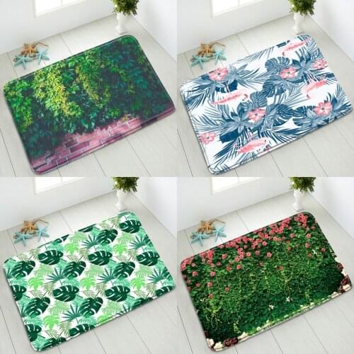 Green Leaves Flowers Plants Non-Slip Bath Mat Shower Room Kitchen Bedroom Doormat Flannel Absorbent Carpet Home Decor Washable